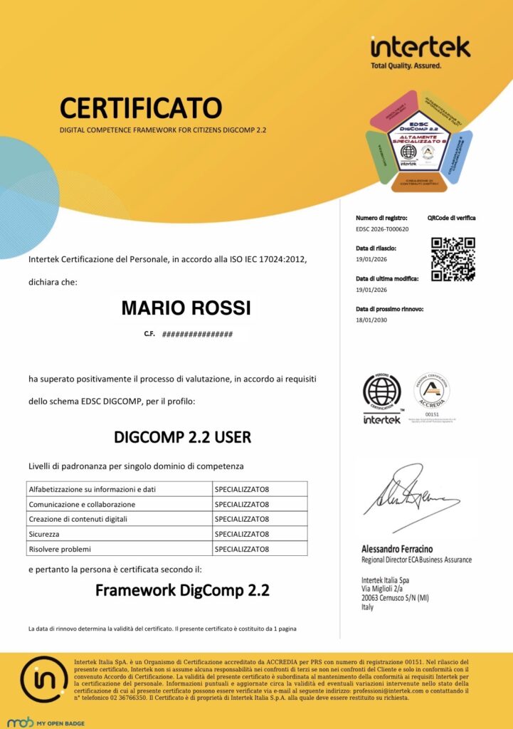 Certificato Accredia DigComp 2.2